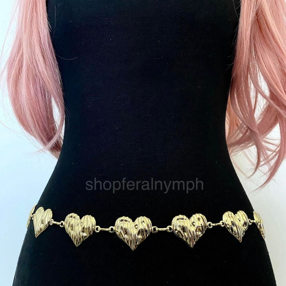 Gold Y2K Molten Heart Coquette Waist Chain Belt, Fits 26 to 45 Inches, X7GA1441